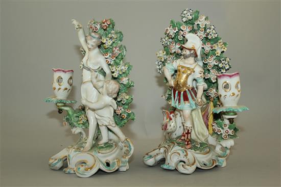 A pair of Derby candlestick groups, c.1770, 20cm and 21.5cm